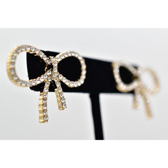 Vintage Crystal Bow Earrings Rhinestone Gold Tone Dangle Post Shiny NOS Y2K A22 - Picture 4 of 12